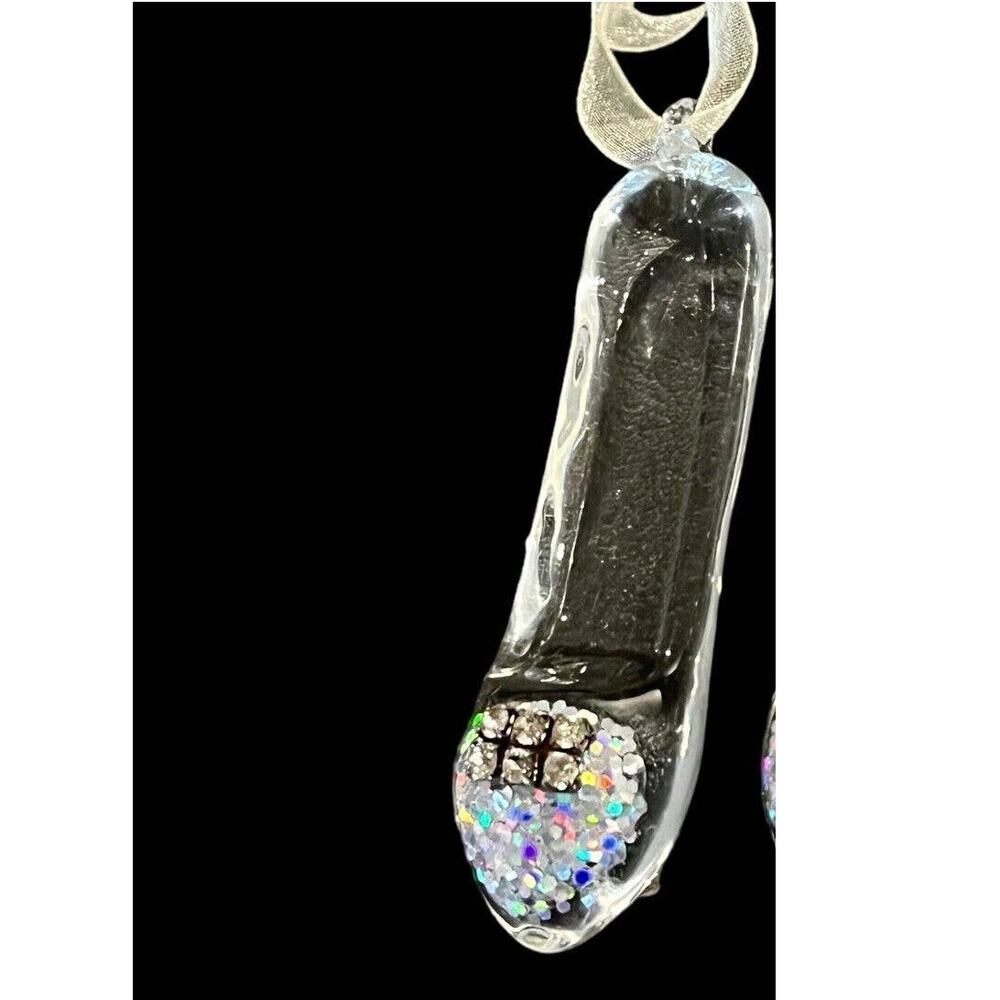 Art Blown Glass BALLET SLIPPER Rhinestones & Aurora Borealis Glitter Toe 3.25"